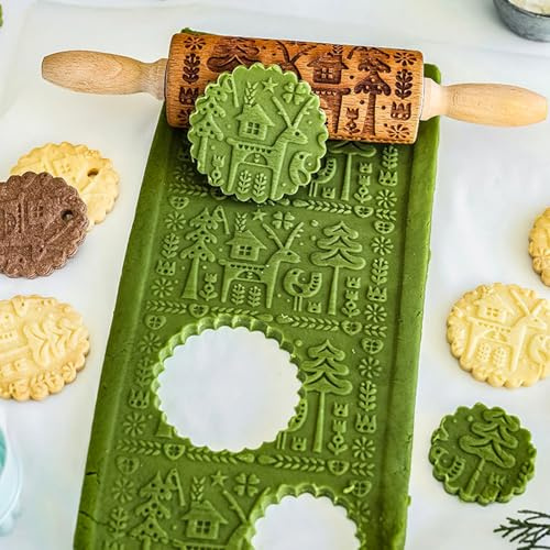 Embossed Rolling Pin for Baking, Wooden Decorative Embossing Cookie Roller for Kitchen(Type A15)