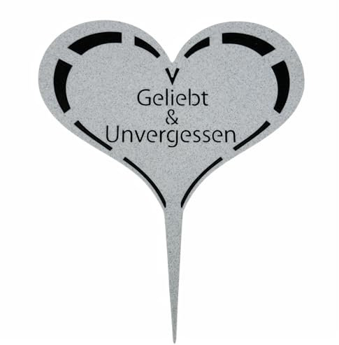 Radami Grabstecker Grabschild auf Stab | mit Inschrift Geliebt und Unvergessen Kunststoff Grabschmuck | Grabdekoration Trauerherz Herz Spruch für Grab