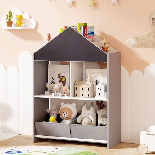 DREAMADE Bücherregal Kinder Spielzeugregal mit Tafel & Anti-Kipp-Schutz, Kinderregal mit 2 Boxen & 6 offenen Fächern für Kinderzimmer Spielzimmer (Grau)