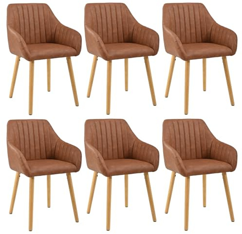 Goeurvant 6er Set Esszimmerstühle Kunstleder Braun mit Armlehne Küchenstuhl Polsterstuhl Stühle Esszimmer mit Gepolstertem Sitz und Holzbeine für Wohnzimmer