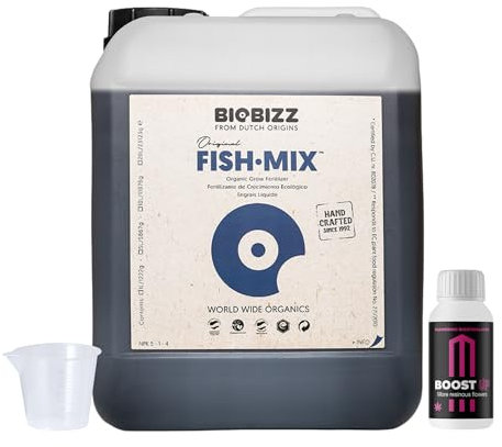 GROWMANIA Fish Mix de BioBizz 5 l + échantillon Boost Up Nutrients + Verre doseur | Engrais organique de haut volume | Pour grands jardins et potagers extensifs