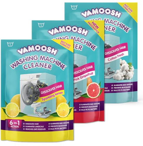 Vamoosh 6-in-1 Washing Machine Cleaner (3 Sachets: 1 x Pink Grapefruit, 1 x Cotton Fresh, 1 x Sparkling Lemon). Dissolves Hair, Eliminates Bad Odours, Removes Limescale, 3 Deep Cleans, Antibacterial