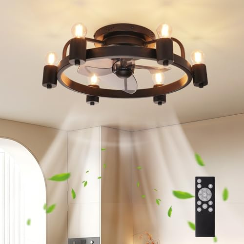 zhxinashu Deckenventilator mit Fernbedienung, Industriell Retro E27 Deckenlampe mit Ventilator, 6-Gang Reversible & Leise, Deckenlampe Mit 3 Flügeln für Schlafzimmer, Wohnzimmer, Esszimmer(Schwarz)