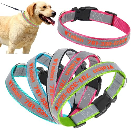 Personalisiertes Reflektierendes Hundehalsband, Besticktes Hundehalsbänder | Individuell besticktes Hundehalsband mit Namen/Nummer, verstellbar, in 4 Größen erhältlich. Weiches Nylon.