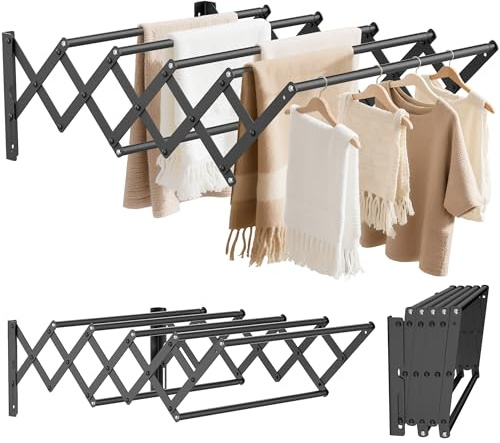 OUUTMEE Tendedero de pared plegable, secador de ropa de pared de acero inoxidable con 7 varillas, ancho retráctil: 42-80 cm, toallero colgante para cuarto de baño, mediano (negro)
