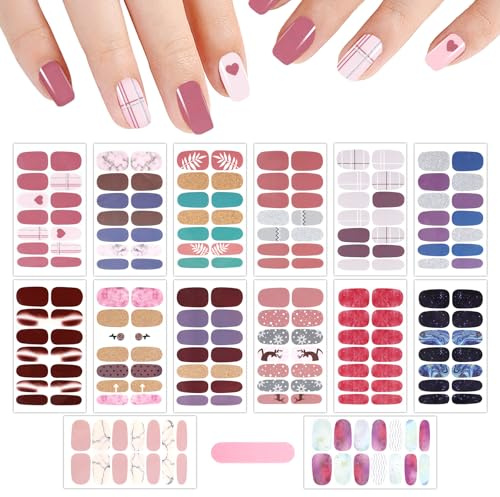 MWOOT 14 Hojas Colorful Pegatinas Uñas, Nail Stickers Decoraciones para Nails, Nails Art Accesorios Nail Strips Wrap, Self-Adhesivas Pegatinas Uñas para Mujer Women Cute Fingernail Decorations