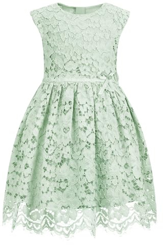 ALLOVIN Vestito in Pizzo Senza Maniche Linea A Bambine e Bimbe, Damigella, Compleanno Matrimonio, Fiocco Perlato, 2-12 Anni
