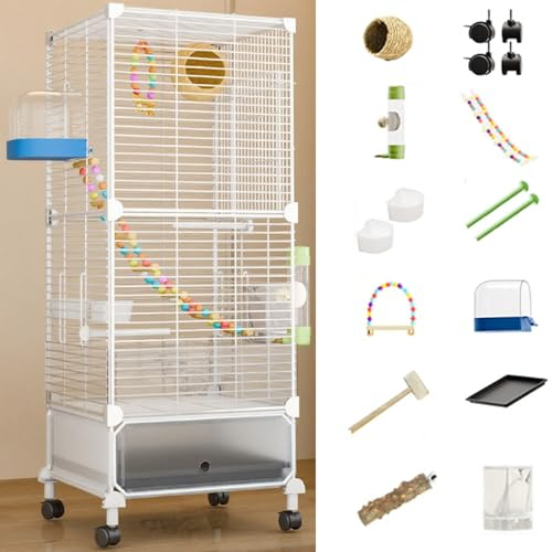 38in Large Bird Cage Parakeet Cage with Rolling Stand, Outdoor Double-Layer Cockatiel Bird Aviary with Tray, Iron Flight Bird Cage for Budgies, Finches, Quaker(White Iron Netting,13 Piece Set)