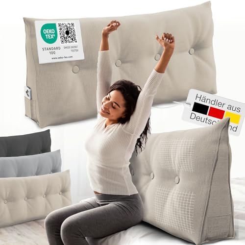 ELONEO Rückenkissen 120 cm breit, Keilkissen für Bett und Sofa geeignet, dreieckiges Lesekissen, Kissen mit abnehmbarem und waschbarem Bezug, mit praktischem Seitenfach