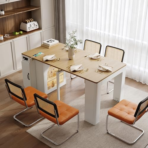 Azkoeesy Mesa de Comedor Extensible con Ruedas y Espacio de Almacenamiento, Enchufe, Puerta de Cristal, de 40 a 150 cm, para máximo 5 Personas, para Comedor y Cocina, Color Blanco con Natural