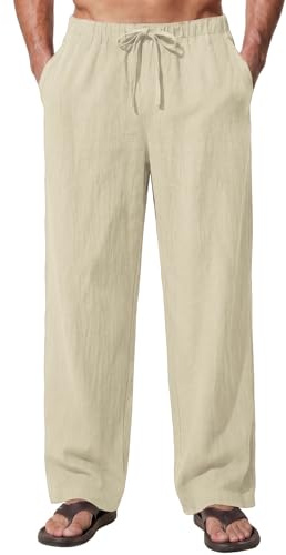 Enlision Pantaloni Uomo Lino Cotone Beige Estivi Casual Leggeri Pantaloni da Uomo Elastico Vita Coulisse Larghi con Tasche, L