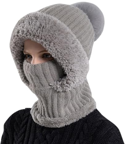 Strickmütze Damen Thermo Winter, 3 in 1 Beanie Mütze Warm Strickmütze & Halswärmer Sets, Multifunktional Verstellbar Sturmhaube Gesichtsmaske mit Dickes Fleece gefüttert für Frauen Outdoor