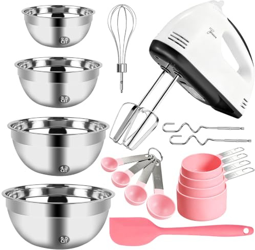 7-Speed Hand Mixer Set, 300W Handheld Electric Whisk, 5 Stainless Steel Attachments, 4 Mixing Bowls, Measuring Tools & Silicone Spatula, Multifunctional Kitchen Mixer for Baking Dough Cream Cooking