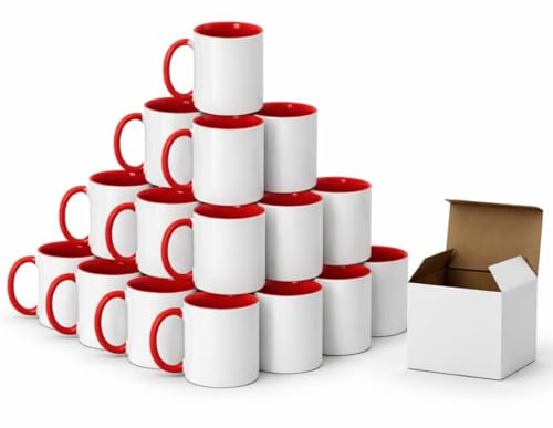 Publiclick Lote 36 tazas ceramicas sublimación Rojas de 350ml capacidad con exterior en color blanco e interior Rojo, presentadación en cajas individuales Blancas, Tazas sublimación al mayor.