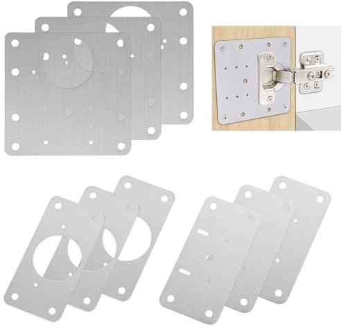 Henyall 9 Pack Hinge Repair Plate Set, Stainless Steel Cupboard Cabinets Door Hinge Repair Plate with Screws, 3 Styles for Kitchen Furniture Wardrobe (Silver)