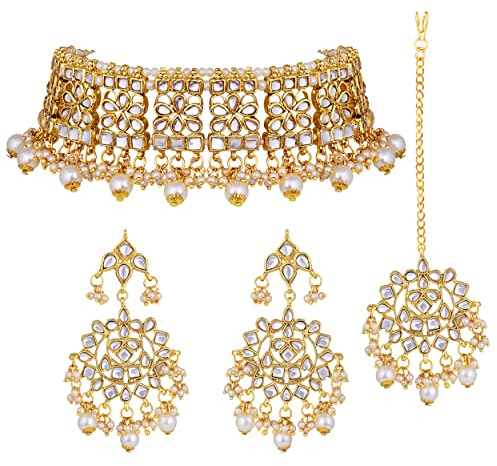 Aheli Indian Faux Kundan Studded Choker Necklace with Maang Tikka Earrings Ethnic Wedding Festive Fashion Bharatanatyam jewellery set Gift for Women