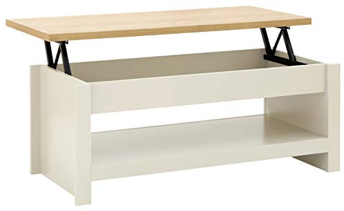 GFW Lancaster Cream and Oak Lift Up Coffee Table, Storage Coffee Table with Raising Top and Lower Shelf, Country Style Living Room Furniture