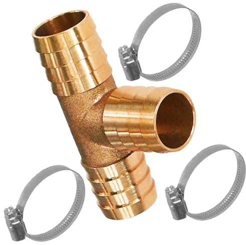 MegaHaustechnik Schlauchverbinder T-Stück, Tülle außen 19mm, Messing | mit Edelstahl Schlauchklemmen, Trinkwasser geeignet, Tülle-Außendurchmesser 19mm, Abzweig Verteiler