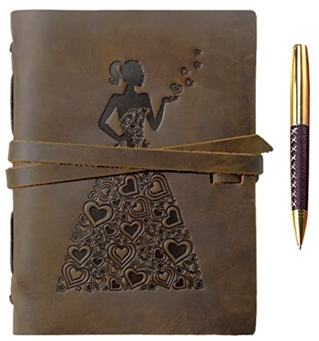 Leder Notizbuch A5 Tagebuch Journal Geprägt Frau Im Herz Kleid Handgefertigte Reisetagebuch, Sketchbook Für Frauen Mädchen Antik Rustikal Echtes Leder 21X15Cm Geschenk Reisende Travelers Notebook
