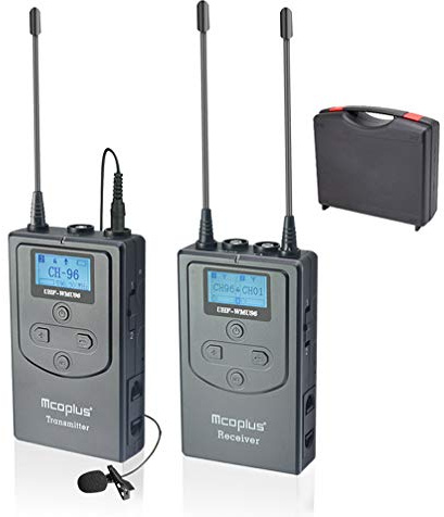 Mcoplus UHF 96 Kanäle Wireless Lavalier Microphone System bis zu 394 Foot, für Handy Smartphone für Canon Nikon Sony DSLR Kamera Camcorder (UHF-WMU96)