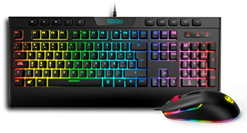 KROM KALYOS - Gaming Keyboard + Mouse Combo - Clavier membrada rétro-éclairé RGB, souris avec capteur optique 6400 DPI, LED 6 couleurs, Spanish layout, noir