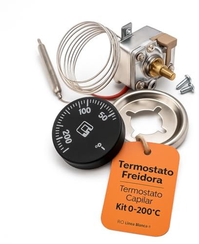 RO Linea Blanca ® Kit Termostato Capilar 0-200C para Freidora Pro Control Temp Doble Aislamiento Sin Tierra Bulbo 5mm Homologado EN 60730-2-9 100000 Ciclos Universal Compatible con Fagor Tefal