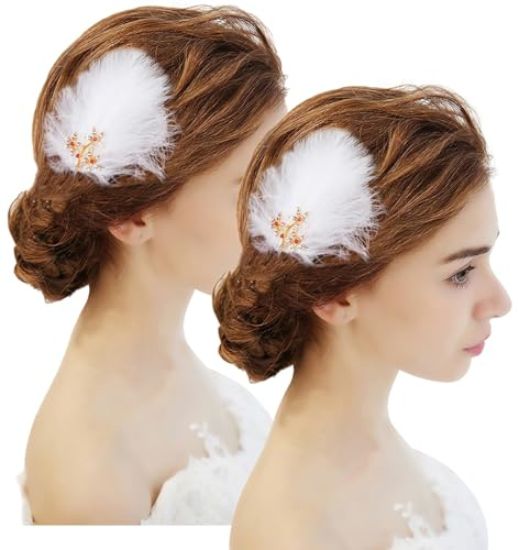MWOOT Weiß Feder Haarschmuck, 4 Stück Feder Haarspangen für Damen Kopfschmuck, 1920er Fascinators Haarclips, Feder Haarklammern für Eislaufen Ballet Tanzen Aufführung