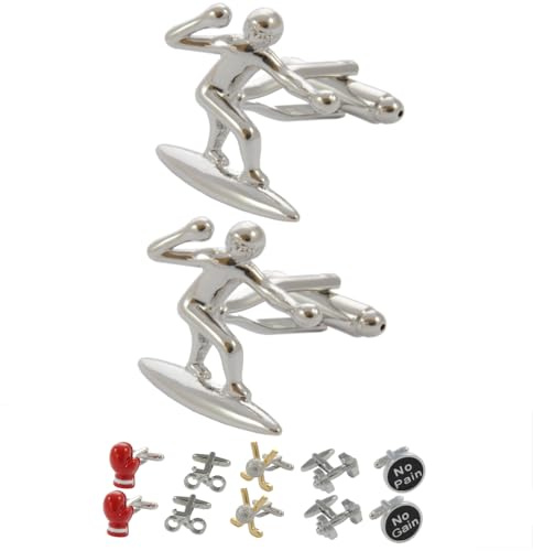 COLLAR AND CUFFS LONDON Boutons de Manchette - avec Boîte - pour Homme Sport - Surfeur - Laiton - Couleur Argent - Planche de Surf - Cool Mec Mer Surfant Surfing - Une Paire