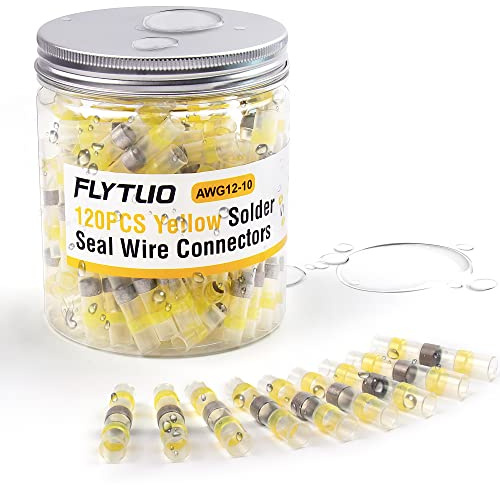 Flytuo 120 Stück gelbe Lötverbinder set, AWG12-10 KFZ Wasserdichte Drahtverbinder, Schrumpfverbinder für Wasserfahrzeuge, Elektro, Elektronik, Gelb Lötdichtungsdrahtverbinder, Schrumpfverhältnis 2:1