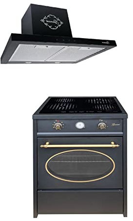 GURARI Herdset GCH E 612 BL r + GCH F 462 BL 6 Prime, Retro Induktions Standherd 60 cm, Range Coocker, 60 L, Schwarz+Dunstabzugshaube, Wandhaube 60 cm, 1000m3/h, Schwarz, Abluft/Umluft Haube