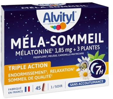 Alvityl Méla-sommeil – Mélatonine + 3 plantes + vitamine B6 – Triple action sur le sommeil et la relaxation- 1,85mg Mélatonine – Action Chrononuit 7h - 45 gélules
