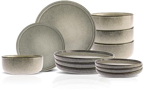 Karaca Skal Service de table en grès pour 4 personnes, 12 pièces avec assiettes en grès émaillé réactif, bols à salade/céréales/soupe, service de table moderne et vaisselle pour 4 personnes