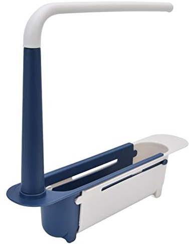 Lwuey Teleskopische Spülbecken Organizer, Verstellbarer Länge Spülbürstenhalter Hand Tuchhalter Ausziehbarer Erweiterbarer PP Spülkorb für Geschirrbürste Seifenschale und Abflusssieb(Blau)