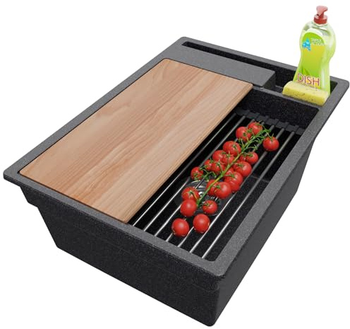 PRIMAGRAN Evier Cuisine en Granit Graphite 38x53cm, Lavabo 1 bac + Kit de Vidage + Accessoires, Évier à Encastrer al mueble 40cm - Oslo Pocket S037