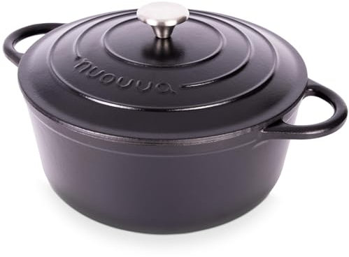 Cast Iron Dutch Oven with Lid – Non-Stick Ovenproof Enamelled Casserole Pot, Oven Safe up to 500° F – Sturdy Dutch Oven Cookware – Black, 6.4-Quart, 28cm – by Nuovva