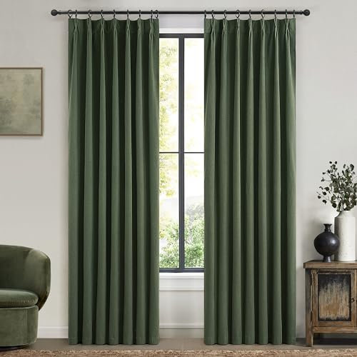 Loden Spring Living Room Curtains Linen 90 Inches Long Pinch Pleated Traverse Window Curtains Complete Blackout Heat & Cold Blocking for Sliding Glass Dark Olive Green Drapes (40wx90Lx2 Panels)