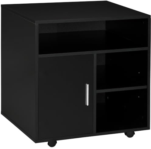 HOMCOM Mueble para Impresora con Ruedas para Oficina 60x50x65,5 cm Negro | Soporte de Impresora, Compartimentos Abiertos y Puerta, Hogar, Estudio