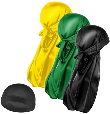 Gorra De Seda Ondulada para Hombre 3 Piezas Y 1 Gorro Sedoso Durag con Diademas De Cola Larga Elástico Suave Transpirable Sedoso Gorro De Pelo Ondulado Ondas 360/720