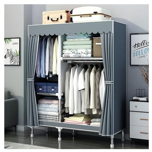 Tragbarer Kleiderschrank mit Abdeckung zum Aufhängen von Kleidung, freistehender Kleiderständer mit 2 Hängestangen und 2 Aufbewahrungsregalen für Schlafzimmer (Farbe: Grau A, Größe: 110 x 46