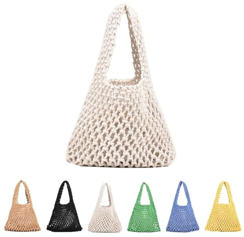 Lebartm Gestrickte Umhängetasche Damen Crochet Tote Bag Große Kapazität Strick Tragetasche Teenager Mädchen Shopper Handtasche Sommer Reisen Böhmische Strandtasche-Weiß