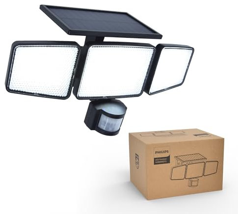 Philips Lampe de sécurité solaire Extérieur 302 LED 1200 lm, projecteur mural étanche à énergie solaire avec détecteur de mouvement PIR, 3 têtes, étanche IP65, 3 modes