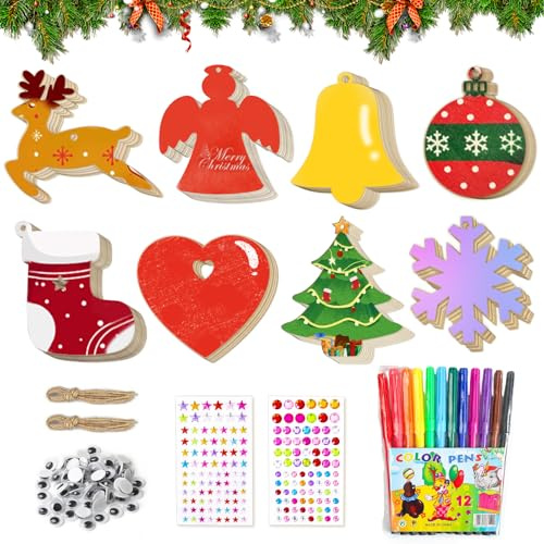 Christbaumschmuck, 80 PC Weihnachtskugeln Holzanhänger mit farbigen Stiften und Aufklebern, 8 Weihnachtsmuster, Baumschmuck Weihnachten, Holzanhänger Weihnachten zum Bemalen Kinder