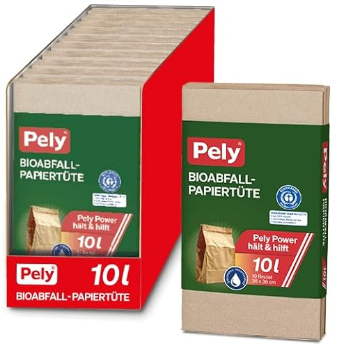 Pely Bioabfall-Papiertüten, Vorteilspack 10 x 10 Stück im Karton, 100% Recyclingpapier, ungebleicht, nassreißfest, kompostierbar, zur Entsorgung von Bioabfall – Blauer Engel zertifiziert