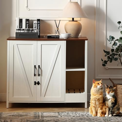 FOREST GRAVITY Katzenschrank Katzentoilette Groß Katzenklo Schrank Large Cat Litter Robot Box Furniture Modern 105 * 68 * 89 cm Katzenhaus mit Tür und Separater Trennwand Antikes Weiß