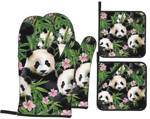 Ofenhandschuhe und Topflappen, niedliche Panda-Ofenhandschuhe mit Topflappen, rutschfeste Handschuhe, hohe Hitzebeständigkeit, 500 Grad, für Grill, Backen, Kochen, Ofen, Mikrowelle, 4 Stück