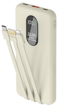 Odetrik 10000mAh Power Bank 22.5W Fast Charging Portable Charger Type-C In/Out 5 Outputs 3 Inputs with Built-in Cables Slim LCD Display Battery Pack for Smartphone Tablet and More (Beige)