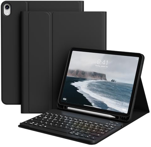JKSML Hülle mit QWERTZ Tastatur für iPad (A16)/10. Generation - Schwarz | Abnehmbarer Kabellose Deutsche Schwarz Tastatur, TPU Hülle mit Stifthalter, für iPad 2025/2022 model 11/ 10,9 Zoll