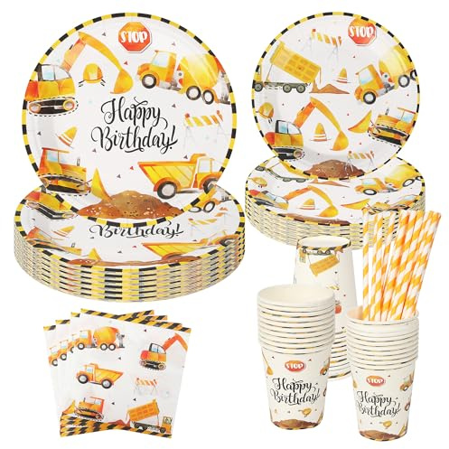 Stoviglie per Feste di Compleanno per 20 Ospiti, Escavatore Cantiere Piatti e Bicchieri per Feste di Compleanno, Stoviglie da Escavatore per la Decorazione della Festa di Compleanno dei Bambini
