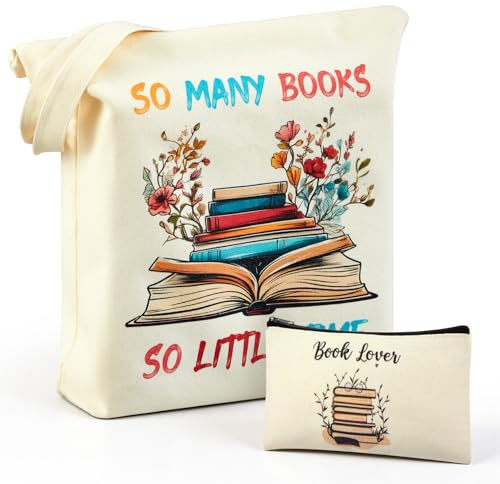 Hestya Borsa Tote Grande in Tessuto per Spesa Shopping e Borsa Cosmetici da Donna Stampata con Cerniera per Amici Mamma Colleghi Insegnanti Compleanni(Libri, Fiori)