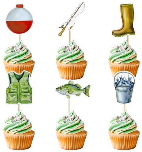 Cyodoos 30pcs Fishing Cupcake Toppers Go Fishing Theme Decorations Baby Shower Boys Girls Happy Birthday Party Tropical Party Decorations